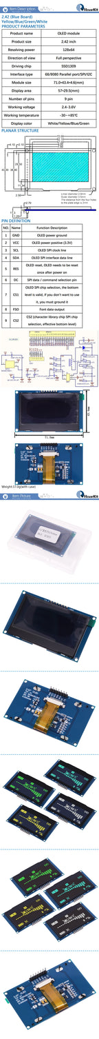 2.4" 2.42 inch 128x64 OLED LCD Display Module SSD1309 12864 4 Pin IIC I2C Serial Interface for Arduino UNO R3 C51