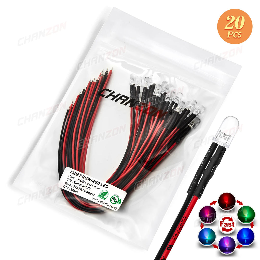 20pcs 5mm 12V LED Diode Flashing Prewired Light Beads Blinking White Red Green Blue Yellow RGB Fast Slow Flash DIY Pre Wire Lamp