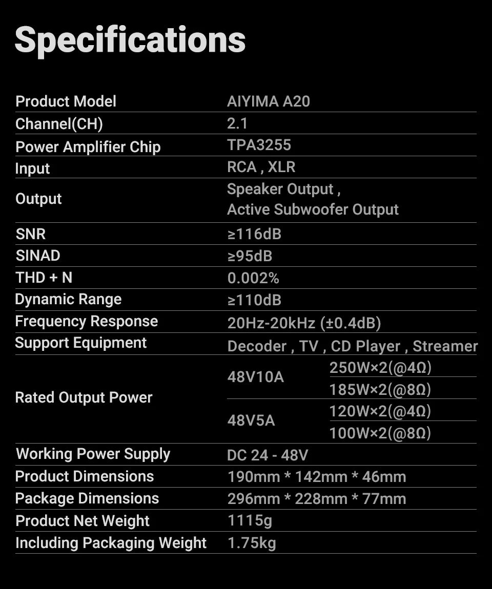 AIYIMA A20 PFFB Stereo Power Amplifier TPA3255 HiFi 2.0 Audio Amp 300Wx2 with XLR/RCA Fully Balanced Input HPF High Pass Filter