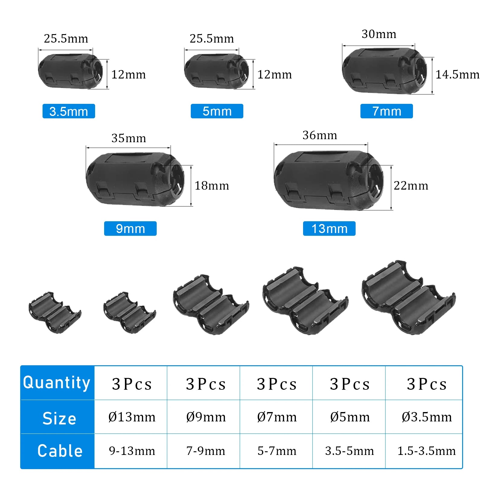 15pcs Clip-On Noise Filter,Ferrite Core Choke Ring RFI EMI Noise Suppressor Cable Clip 3.5-13mm