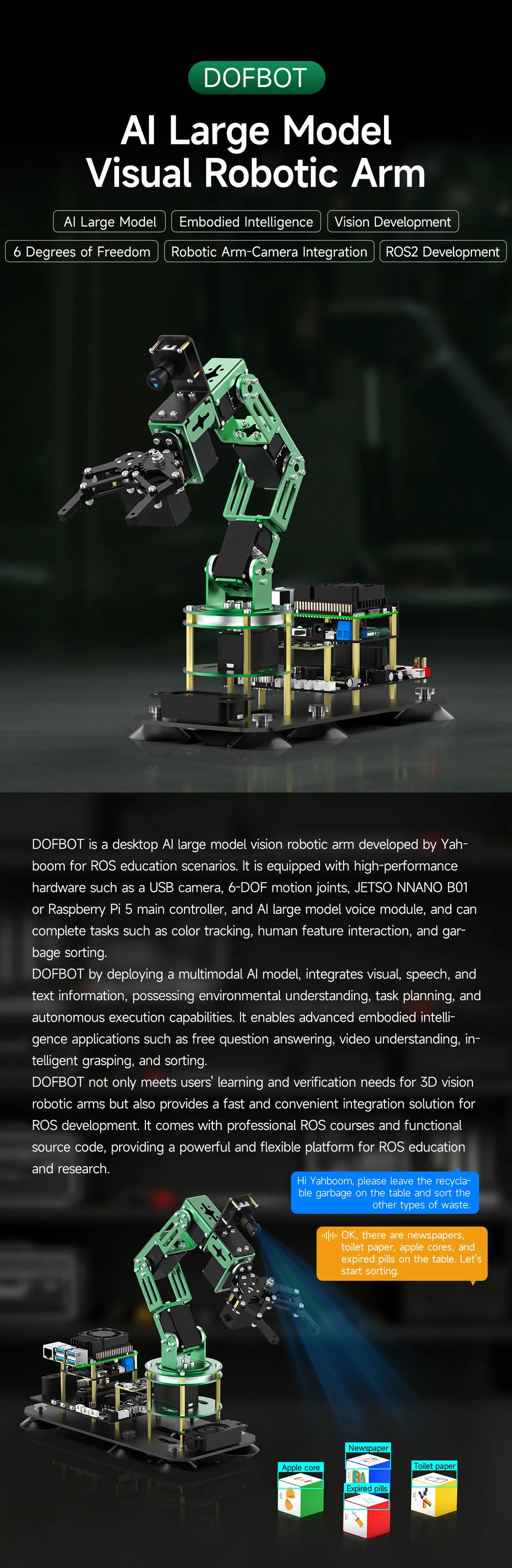 DOFBOT Raspberry Pi 5 Smart Robotic Arm DIY Electronic Kit AI Large Model Vision 6DOF Robot Support ROS2 Development