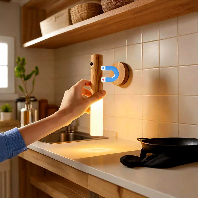 Wood Grain Motion Sensor Light Indoor Magnet Body Hallway Rechargeable LED Wireless Wall Sconce Portable Decor Torch Night Light