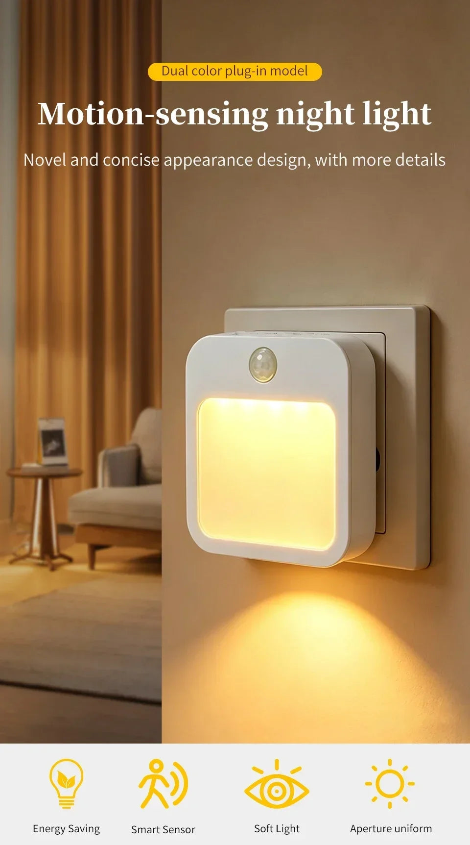 LED Motion Sensor Plug-In Night Light Warm/Cool White Dimmable 5 Brightness Levels for Hallway Stairway Bedroom 100-240V