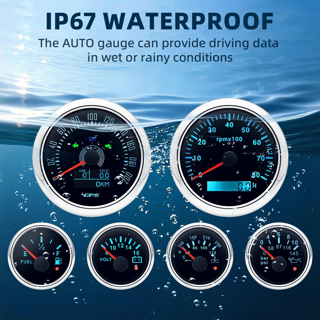 6 Gauge Set 85mm GPS Speedometer Tachometer 52mm Water Temp Fuel Voltmeter Oil Pressure Meter With 1/8 NPT Sensor For Boat Car