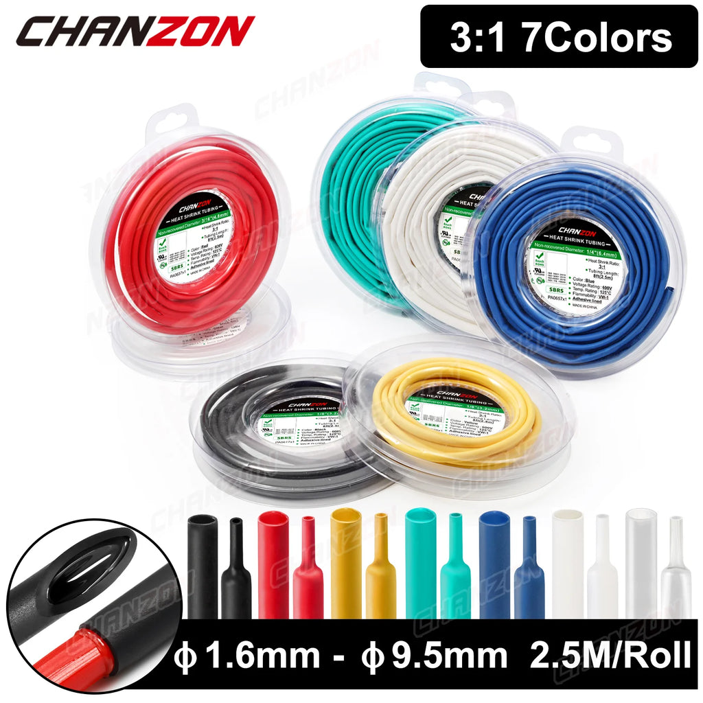 2.5M 7 Colors 1.6 - 9.5mm 3:1 Heat Shrink Tube with Glue Double Dual Wall Adhesive Lined Wire Marine Grade Shrinkable Wrap Tape
