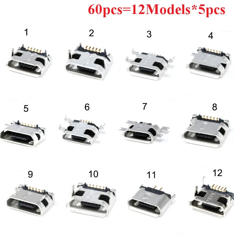 12Models 120pcs Micro USB 5Pin SMD DIP smd Socket Connector Micro USB Type B Female Placement  SMD DIP Socket Connector