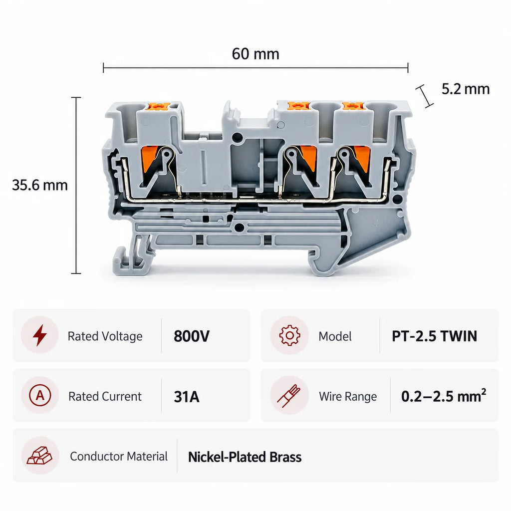 10PCS PT2.5-TW DIN Rail Terminal Block Twin 3-Conductor Feed Through Push In Spring Connector 2.5mm2 NS35 Electrical Wiring