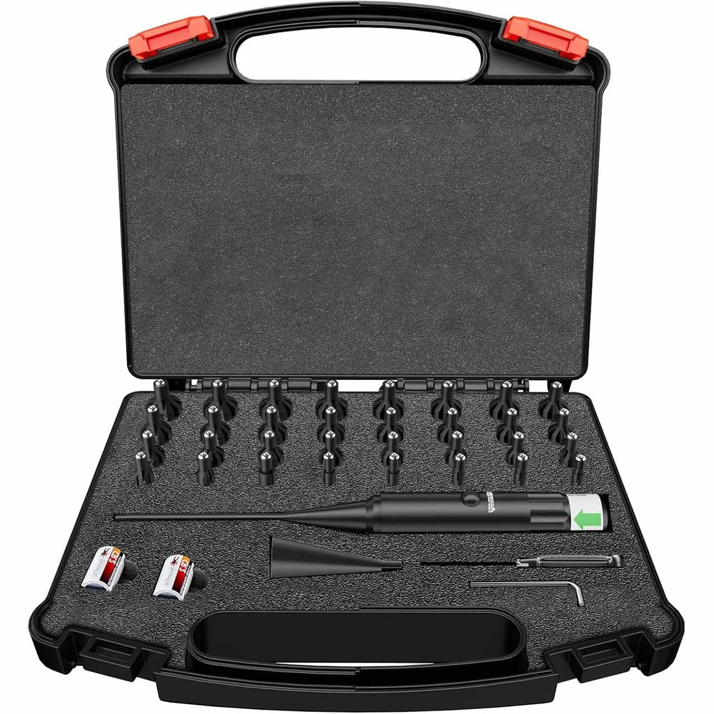 Powerful Green Bore Sighter Laser Bore Sight Kit with 32 Adapters fit 0.17 to 12GA Cal Multiple Caliber for All Gun Rifle Pistol