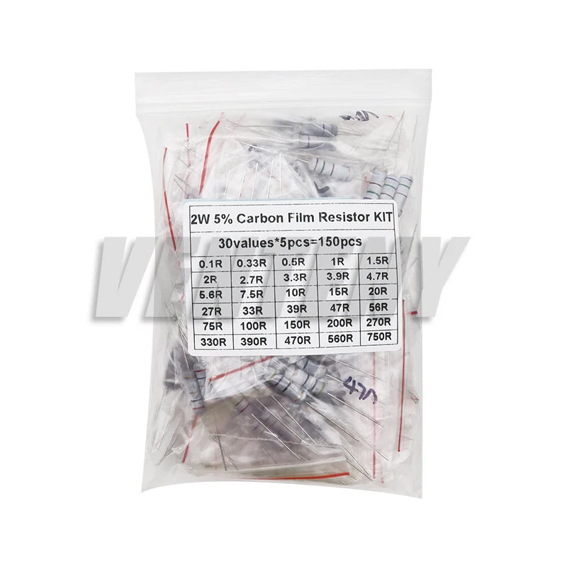 150PCS/300PCS 1W 2W 3W 5W 30Values Carbon Film Resistor Assortment Kit 5% Resistance Set 0.1R-750R 1K-820K ohms DIY Pack