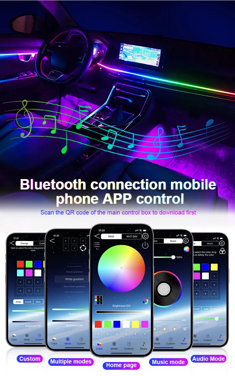 6/10/14/18 in 1 Led Car Ambient Lights RGB 213 64 Color Acrylic Strips Symphony Streamer Interior Atmosphere Lamp Control By App