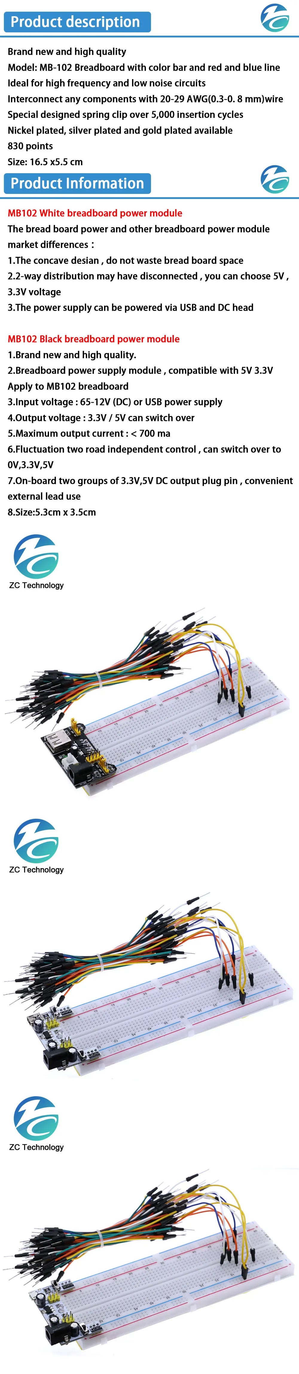 3.3V/5V MB102 Breadboard Power Module+MB-102 830 Points Prototype Bread Board for Arduino Kit +65 Jumper Wires Wholesale