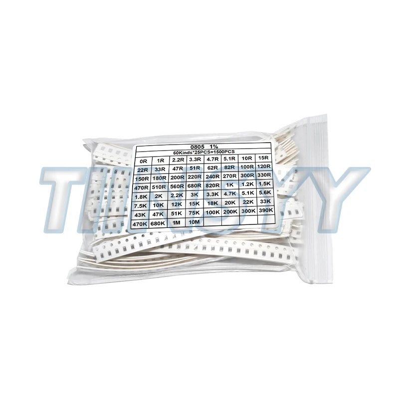1500PCS/Set Resistors Assorted Set (60 Values X 25Pcs) SMD 0603 0805 0R-10M Ohm 1% High Precision Film Chip Resistance Kit
