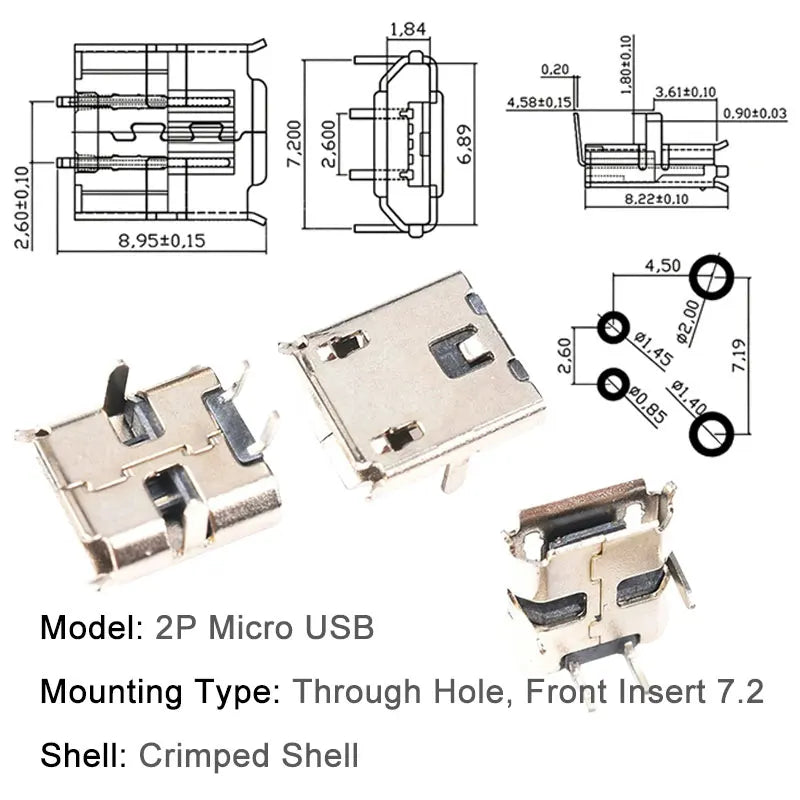 100/1000PCS Micro USB Android Female Charging Socket, Flat Edge Crimped Type, 5Pin, 4 Mounting Pins, SMD & DIP Tail Connector
