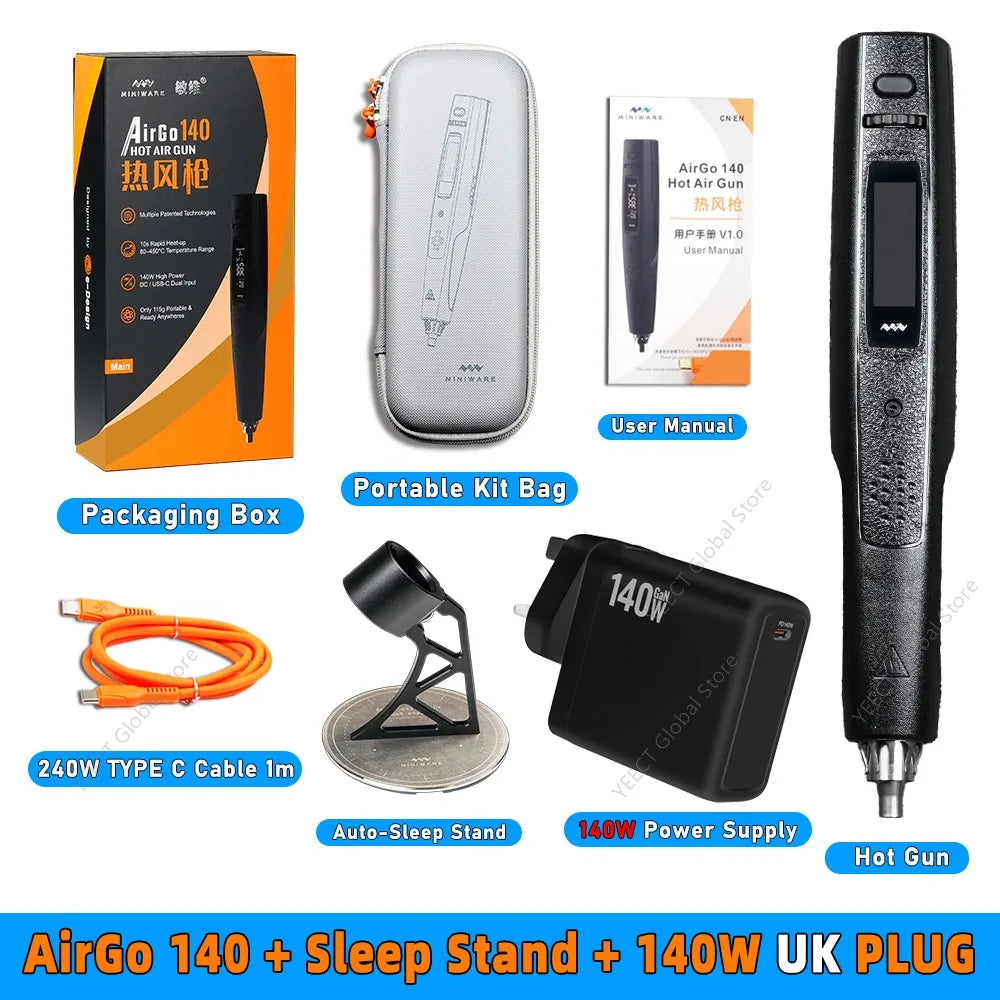 MINIWARE AirGo 140 Mini Heat Gun 140W PD3.1 USB C Fast Heating Tool For Heat Shrink Tubing BGA PCB Field Repair Case