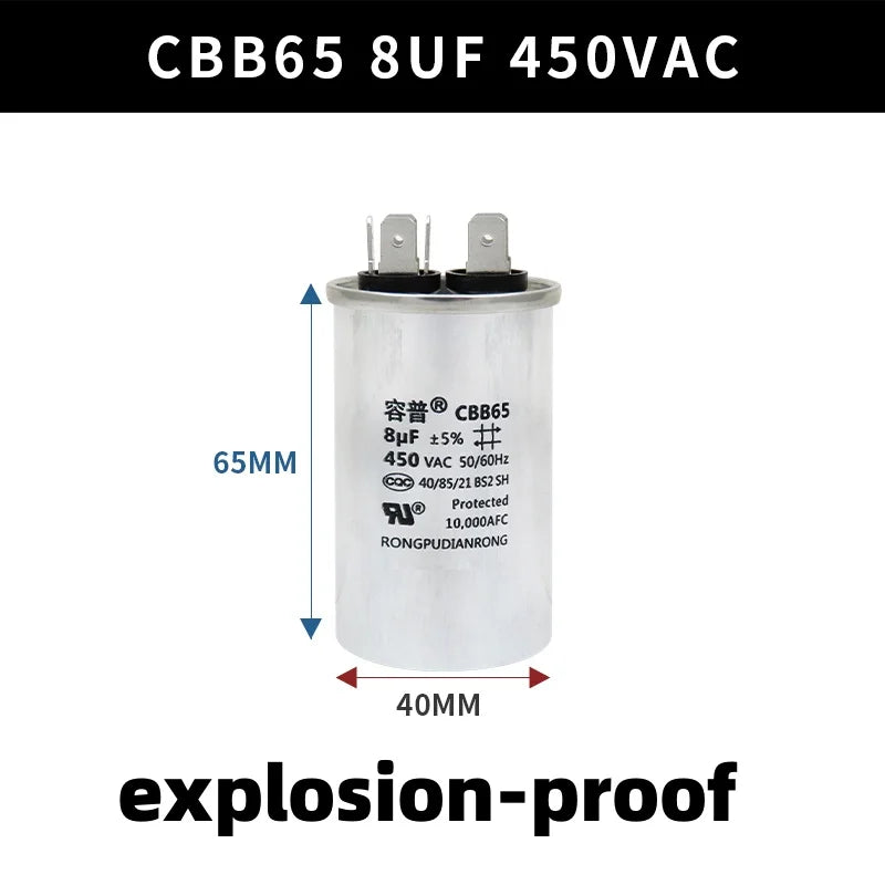 CBB65 450V Motor Capacitor Air Conditioner Compressor Start Capacitor 5uF 6uF 20uF 25uF 30uF 35uF 40uF 45uF 50uF 60uF 70uF