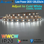 Auxmer 2835 WWCW LED Strip Lights,120LEDs/m 240LEDs/m,CRI＞95 Super Bright Flex LED DC12/24V,5m/reel,CCT 2400~6500K,IP20,3SDCM