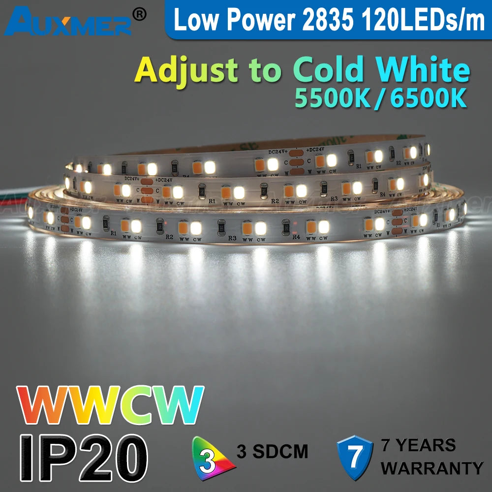 Auxmer 2835 WWCW LED Strip Lights,120LEDs/m 240LEDs/m,CRI＞95 Super Bright Flex LED DC12/24V,5m/reel,CCT 2400~6500K,IP20,3SDCM