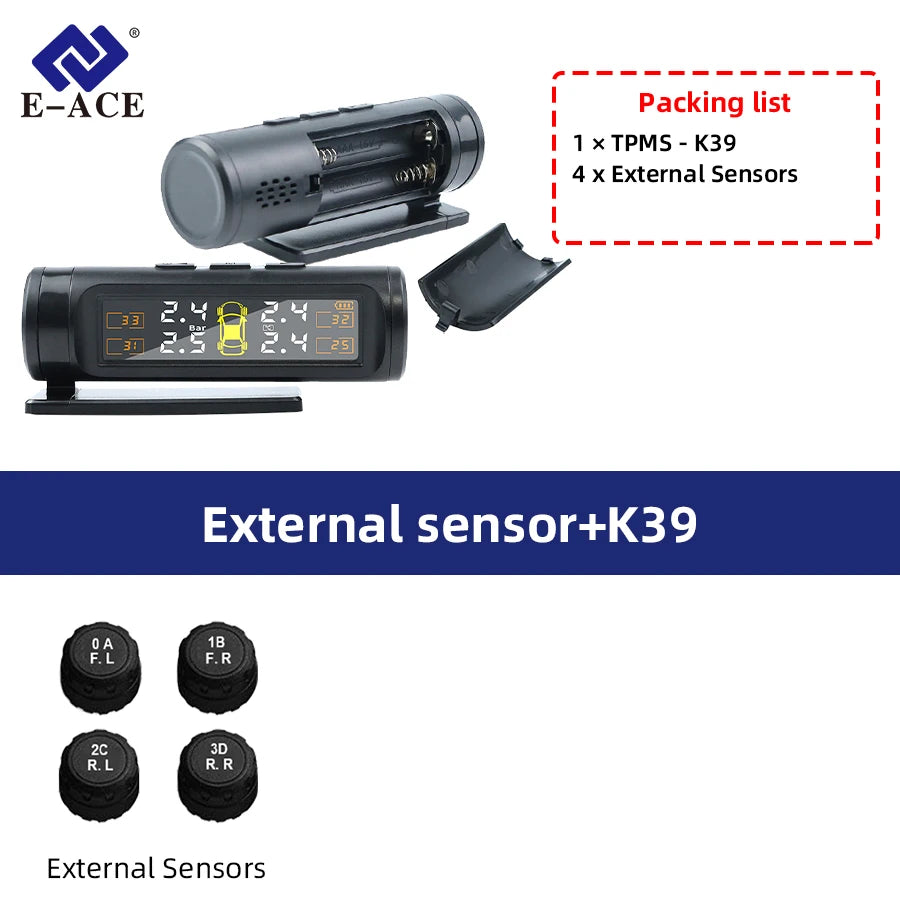 E-ACE 4 Sensors TPMS Removable Battery Wireless Intelligent Sensing Tire Pressure Monitor System Safety Alarm LCD Display