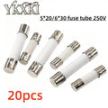 20PCS 5*20mm 6*30mm Fast blow Ceramic Fuse 0.5A 1A 2A 3A 4A 5A 6A 6.3A 7A 8A 10A 15A 20A 25A 30A 250V Car Cigar Microwave Oven