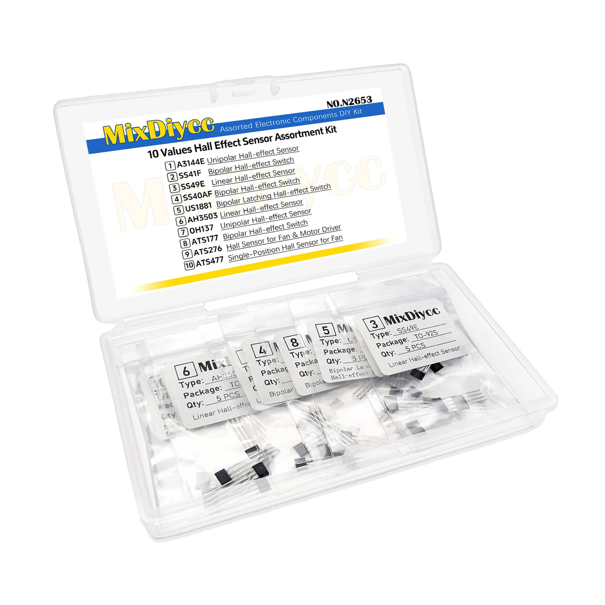 10 Values Hall Effect Sensor Kit A3144E SS41F SS49E SS40AF US1881 AH3503 OH137 ATS177 ATS276 ATS477 3144E/41F/49E Total 50 Pcs