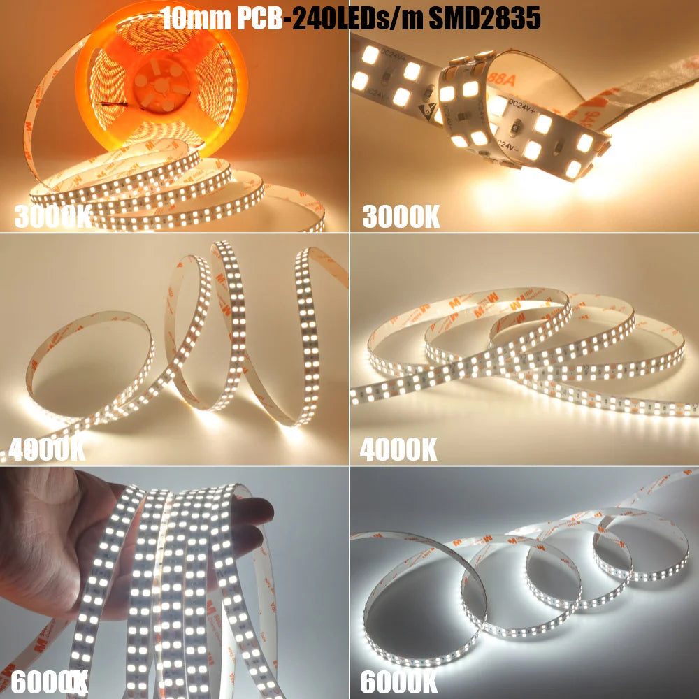 5mm 8mm Led Strip Light RA98 10mm PCB 2700K 3000K 3500K 4000K 5000K 6000K 5m 10m 24V 2835 120 240 LEDs Flexible Tape Lighting