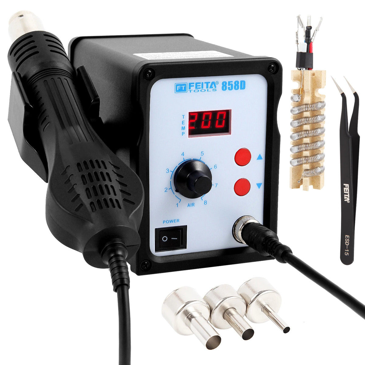 FEITA 858D Hot Air SMD Rework Station Digital Soldering Heat Gun Tool Kit with 3 Nozzles, 1 Heating Element, Extras Accessories