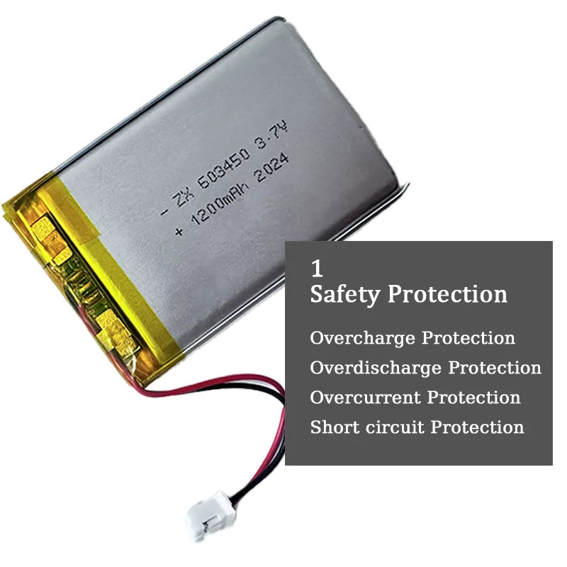 603450 3.7V 1200mAh Lithium Polymer LiPo Rechargeable Battery with jst PH 2.0mm 2pin plug For MP3 Laptop PC Camera GPS