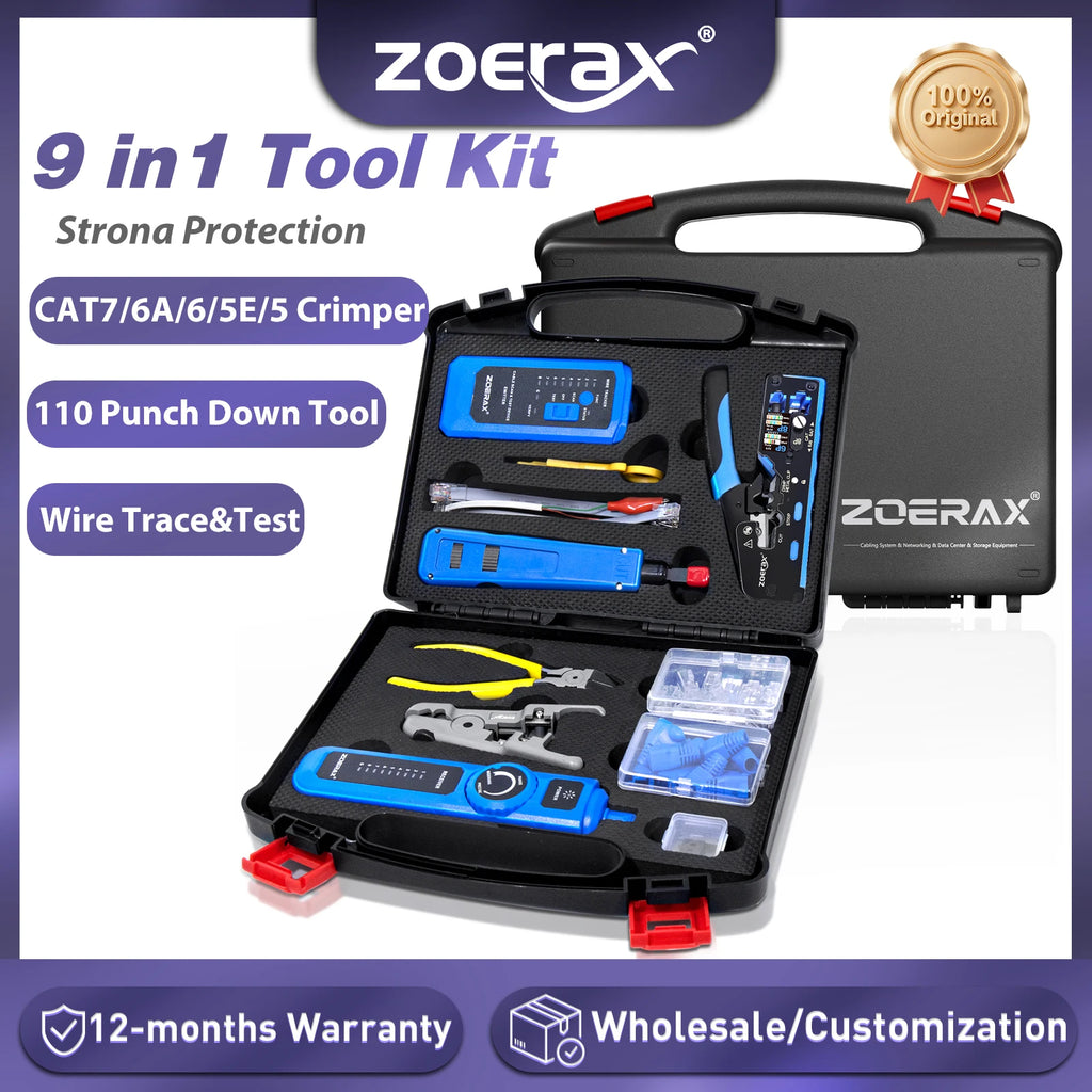 ZoeRax 9 in 1 RJ45 Crimper Tool Kit with Wire Tester/Tracker,Crimping Tool,CAT6 Connector,Cover,Punch Down Tool,Stripper,Cutter