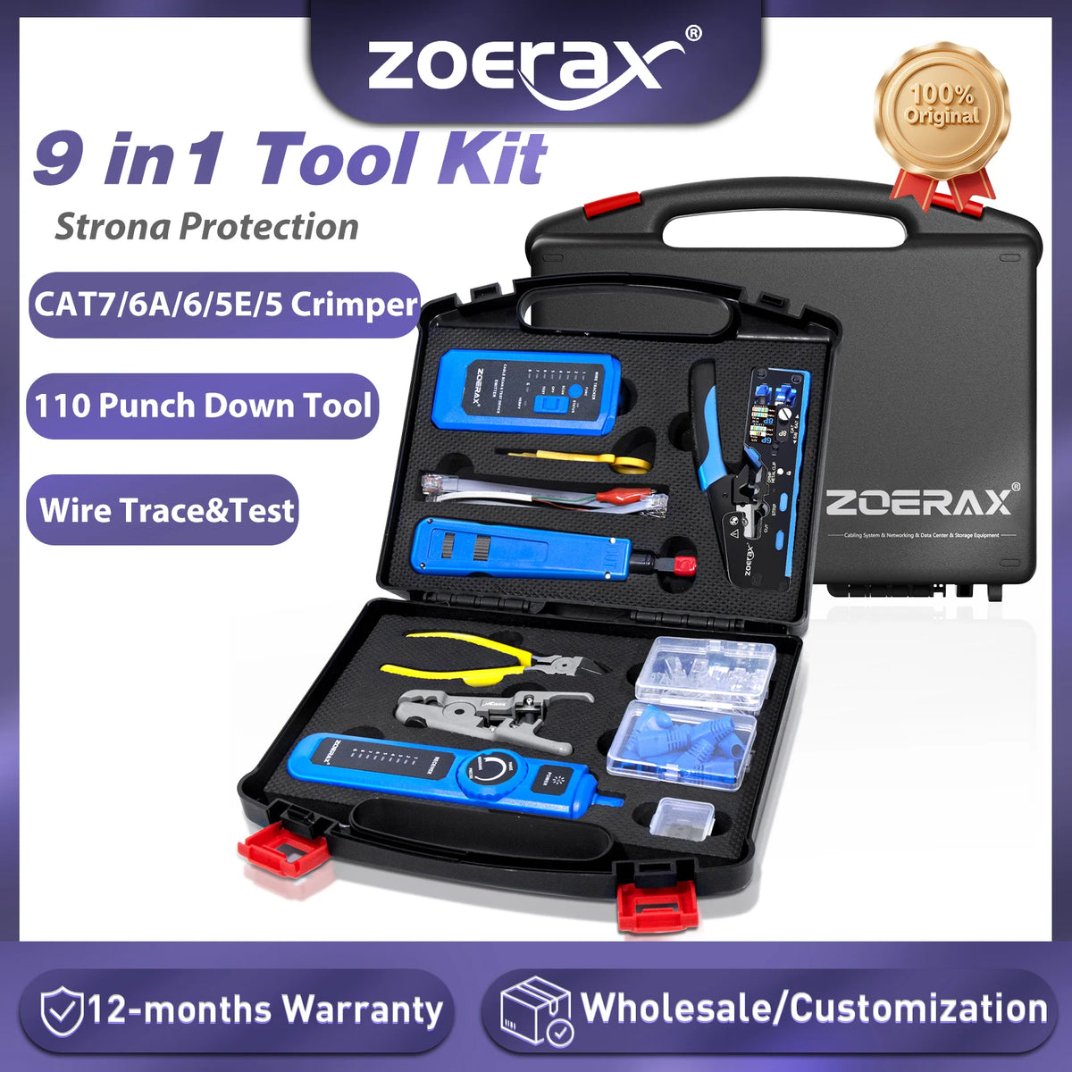 ZoeRax 9 in 1 RJ45 Crimper Tool Kit with Wire Tester/Tracker,Crimping Tool,CAT6 Connector,Cover,Punch Down Tool,Stripper,Cutter
