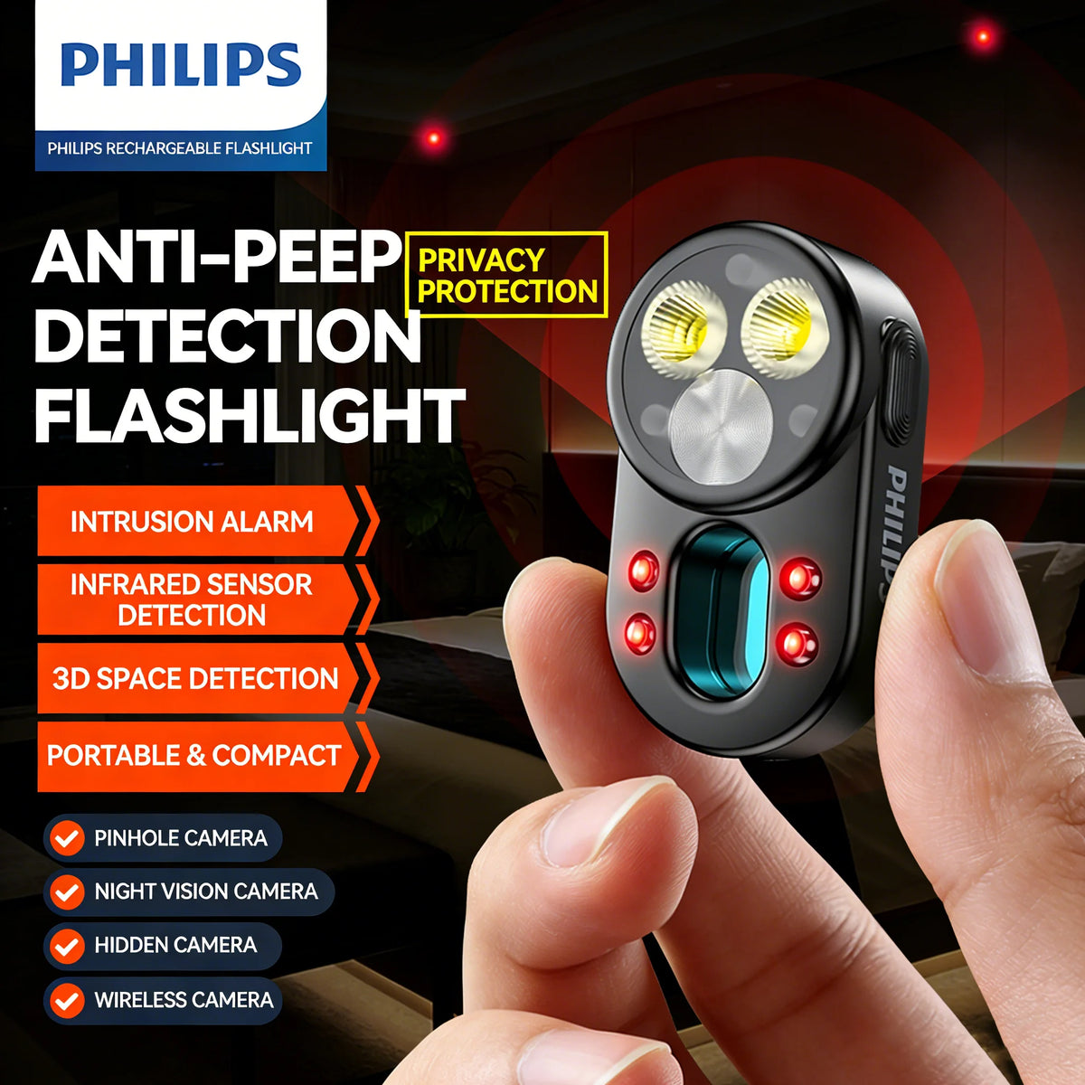 Philips SFL 1551 Privacy Camera Detector Compact Portable Flashlight with Multiple Modes Switching for Security