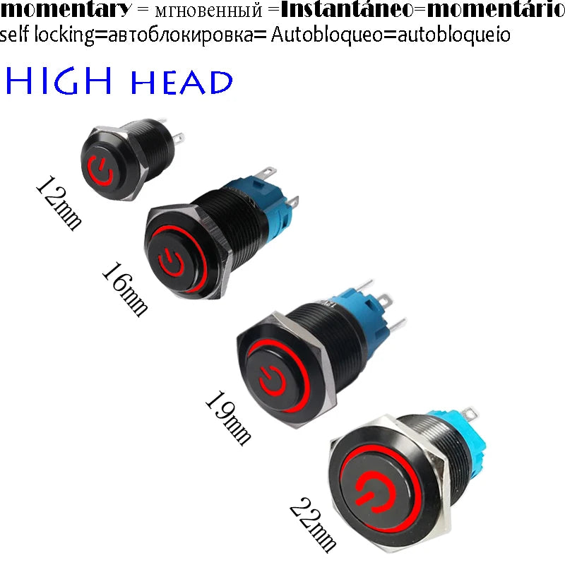 High Head 12/16/19/22mm Black Shell Car Dashboard Waterproof Metal Button Switch LED 12V/24V/220V Self-locking Fixed Momentary