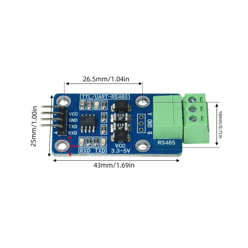 DC 3.3V-5V TTL to RS485 Module UART Level Converter Automatic Flow Control for MCU Serial Communication