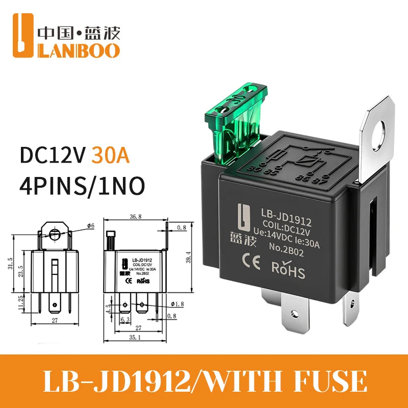 LANBOO 30A High Current Car/Auto Relay 12V 24V 30A with 4PIN/5PIN Applications Include Lighting Control and Horn Control.