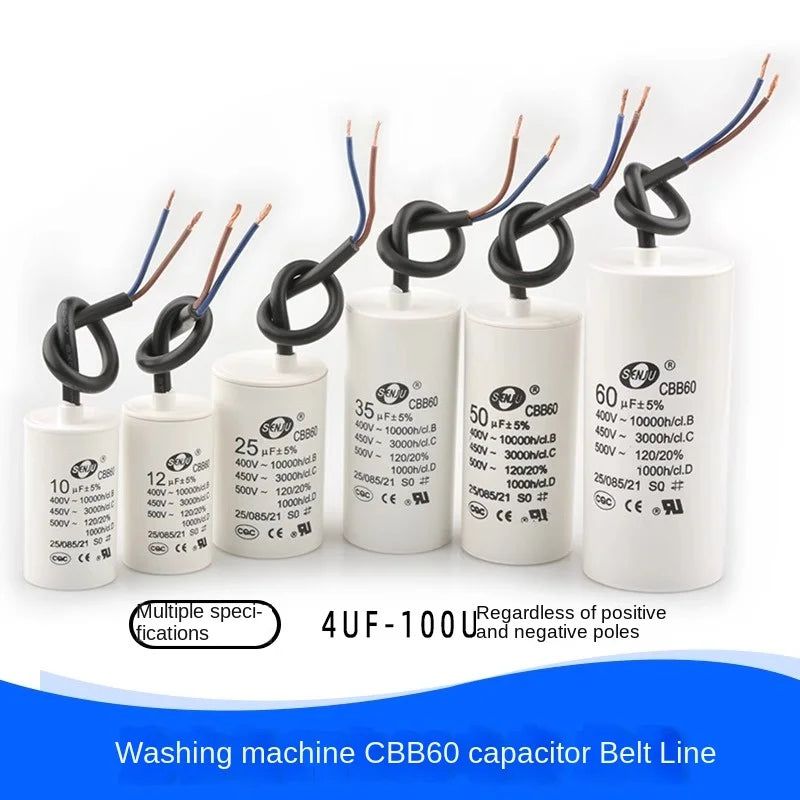 CBB60 Motor Start Capacitor for Washing Machine, Spin Dryer, Water Pump 4/5/6/8/10/12/20/100UF