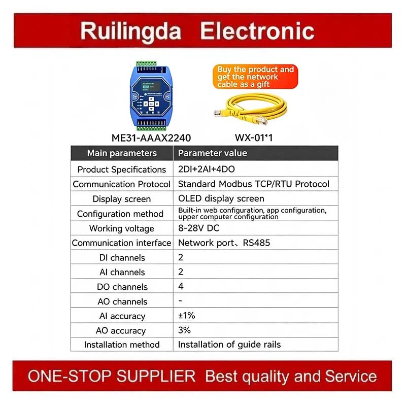 Industrial I/O Networking Module AI/AO/DI/DO 4-20mA 0-20mA, RJ45 RS485 Modbus TCP/RTU Gateway with OLED Display, DC 8-28V Powere