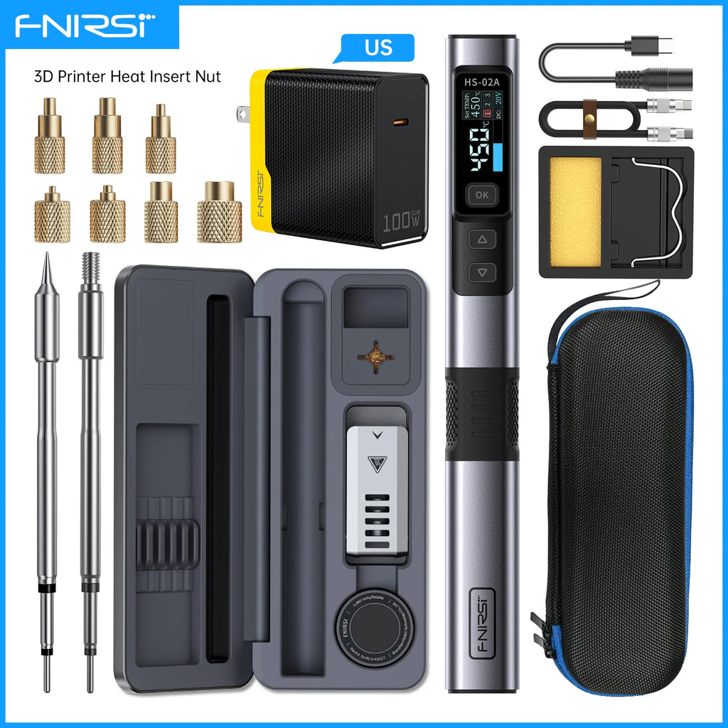FNIRSI HS-02A Soldering Iron with Heat Insert Nut Tool Kit M2-M8 Embedded Internal Thread Nut and C245 Iron Tip for 3D Printer