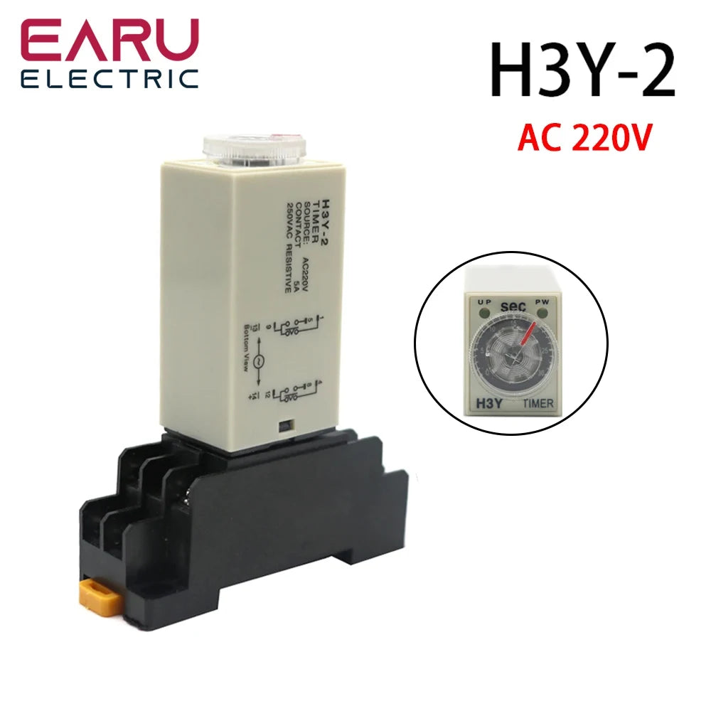 H3Y-2 AC220V Delay Timer with Base Socket Power-On Delay Rotary Knob DPDT 0-30s 60Min Adjustable Timer Relay for Home Automation