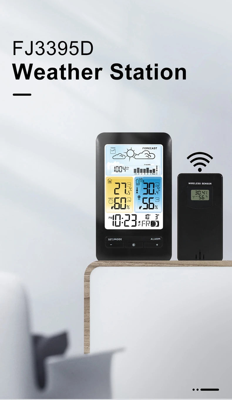 Wireless Table Weather Station Color LCD Digital Temperature Humidity Monitor Moon Phase Barometer Forecast Sensor Alarm Clock