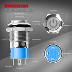 12/16mm Latching Push Button Switch IP65 Waterproof Stainless Steel Self-Locking 1NO 1NC Power Symbol Pattern for Power Applicat