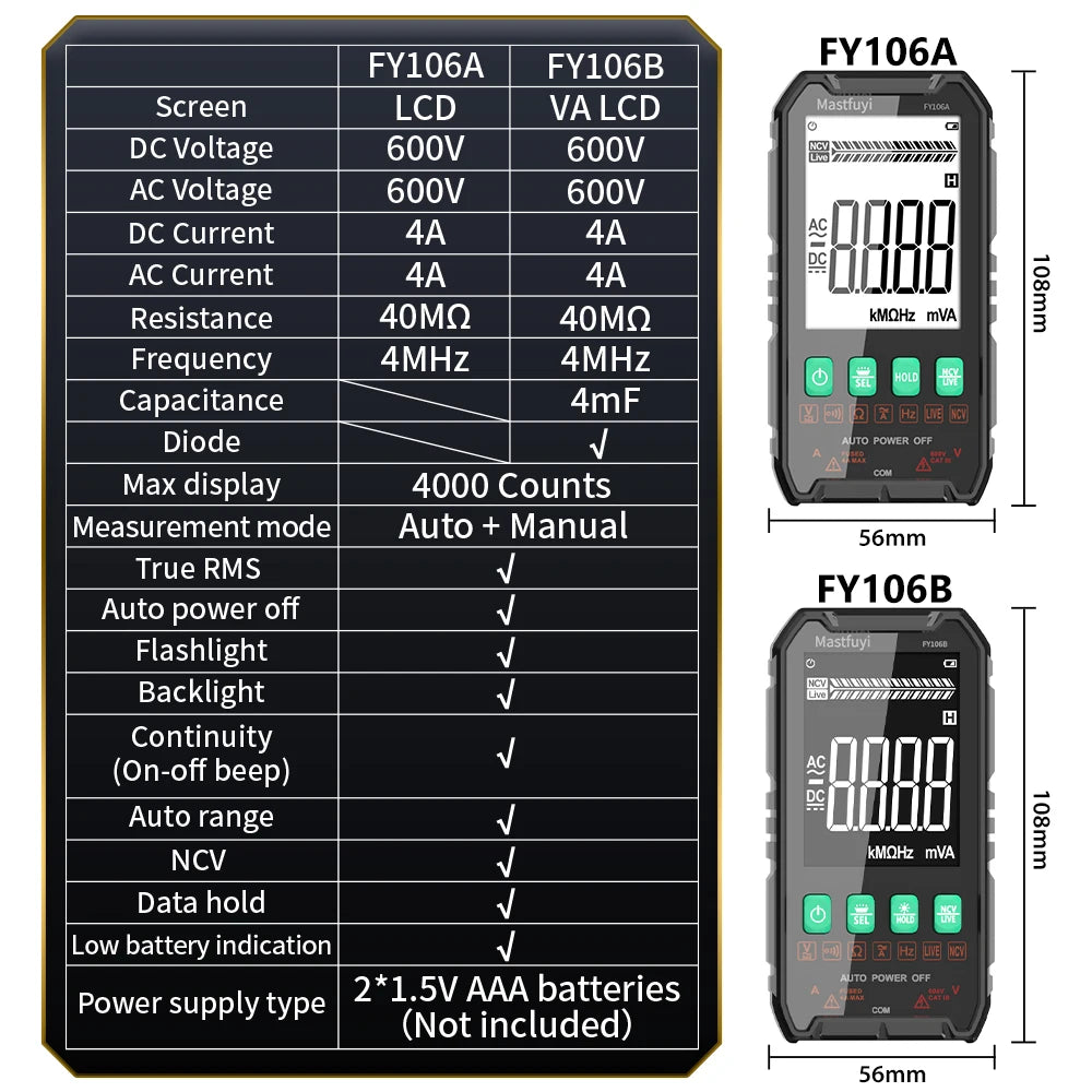MASTFUYI Auto-Ranging Digital Multimeter High Precision 6000 Counts True RMS Tester Capacitance Ohm Hz Test Electrician Tools
