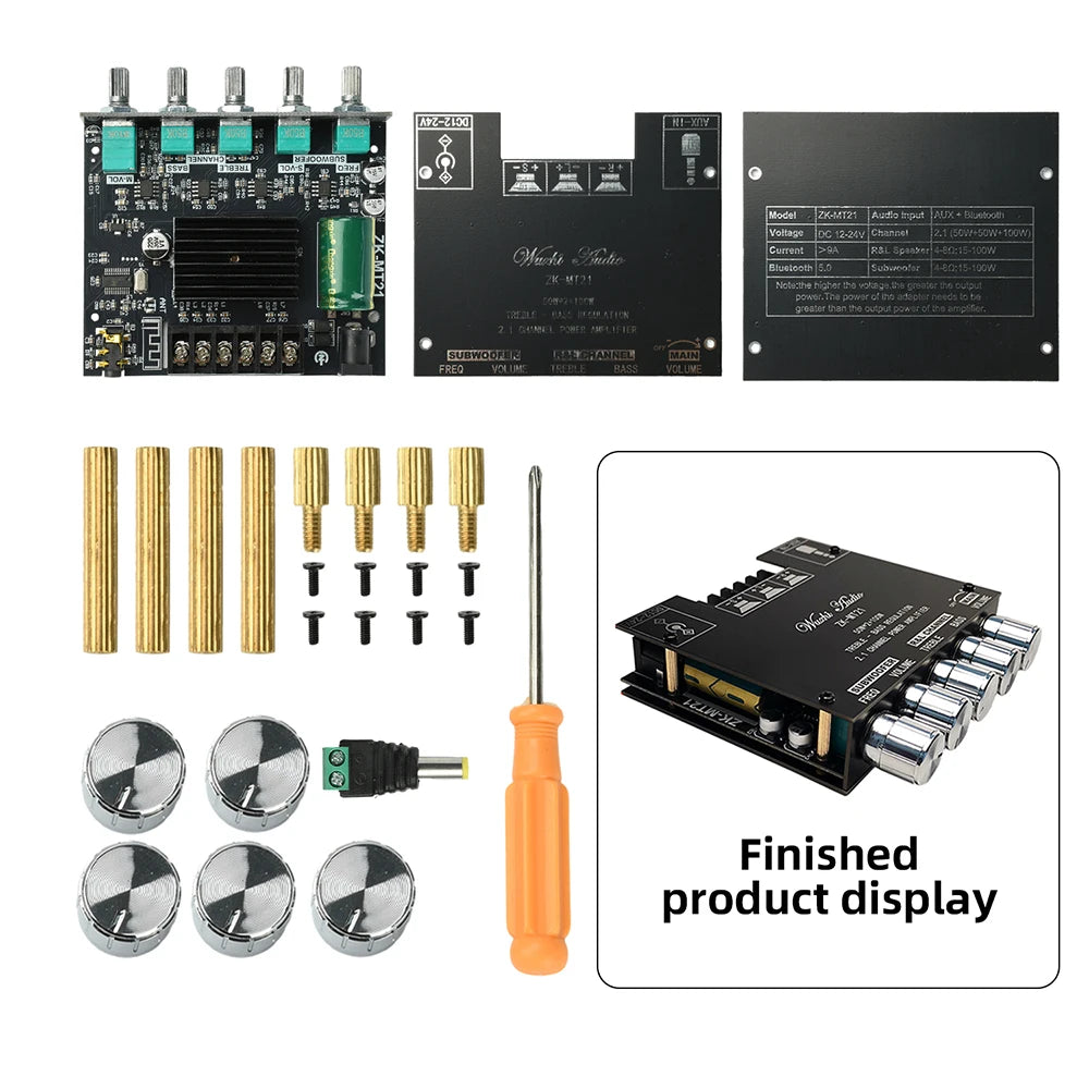 MT21 2.1 Channel Bluetooth 5.0 Digital Amplifier Module 100W+50W+50W Subwoofer Audio Board Treble Bass Adjustment AUX Input for Speaker DIY