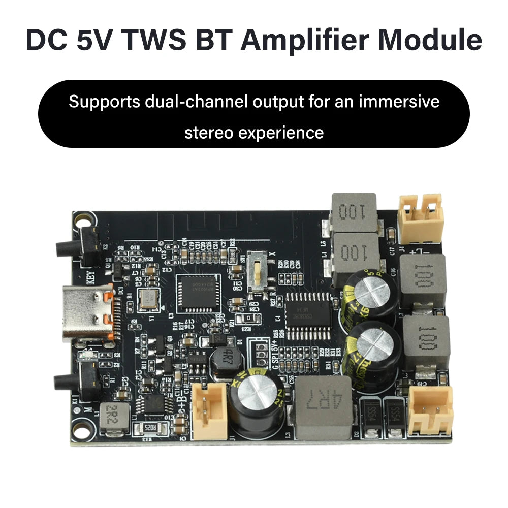 TWS Bluetooth Amplifier Module 2*10W Dual Channel Bass Enhancement Algorithm Amplifier Board Type C for DIY Audio Projects