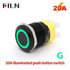 FILN 22mm 20A Metal Push Button Switch with Wire Harness Connector IP67 Waterproof LED Ring Light High Current Switch 12V 220V
