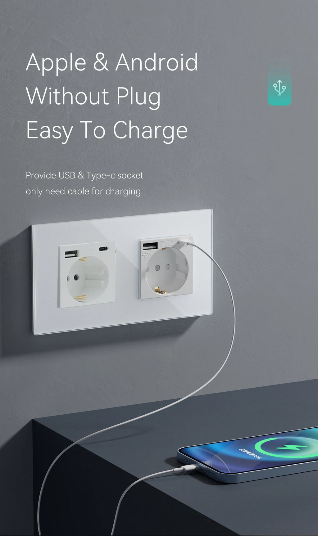 BSEED 1/2/3Gang Touch Light Switch 1Way Simple Sensor Switch Type-c USB Sockets EU Standard Glass Panel Blue Backlight 10A White