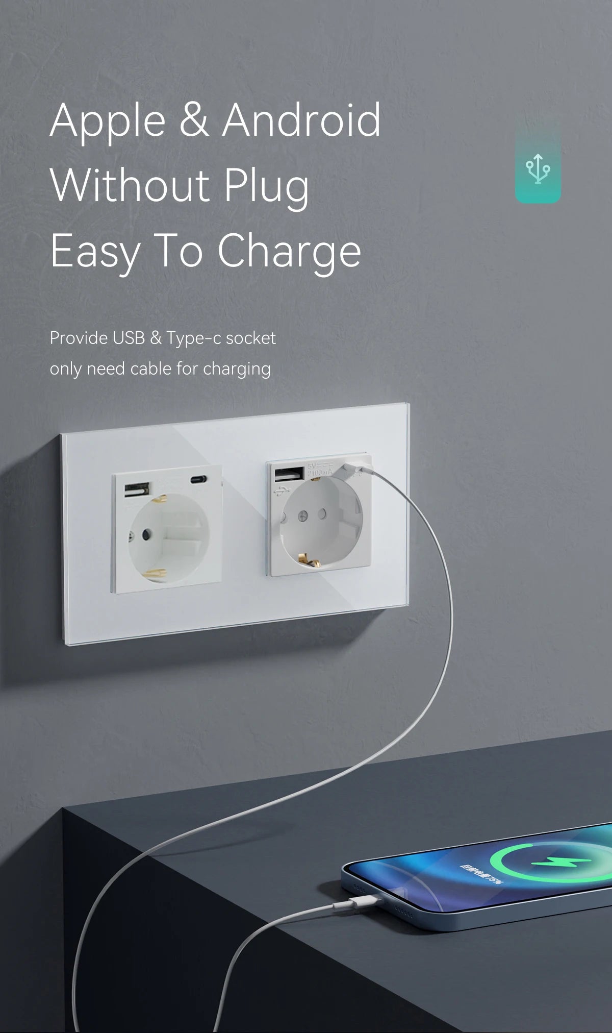 BSEED 1/2/3Gang Touch Light Switch 1Way Simple Sensor Switch Type-c USB Sockets EU Standard Glass Panel Blue Backlight 10A White