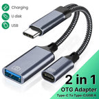 2 In 1 USB C OTG Cable Converter Type C to USB 3.1 PD Fast Charger Port With USB Female Splitter Adapter For iPad Tablet Laptops
