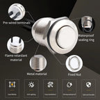 5pcs 12mm Momentary Push Button Switch Silver Shell with pre-Wiring, IP65 Waterproof Push Button Switch,Stainless Steel Normally