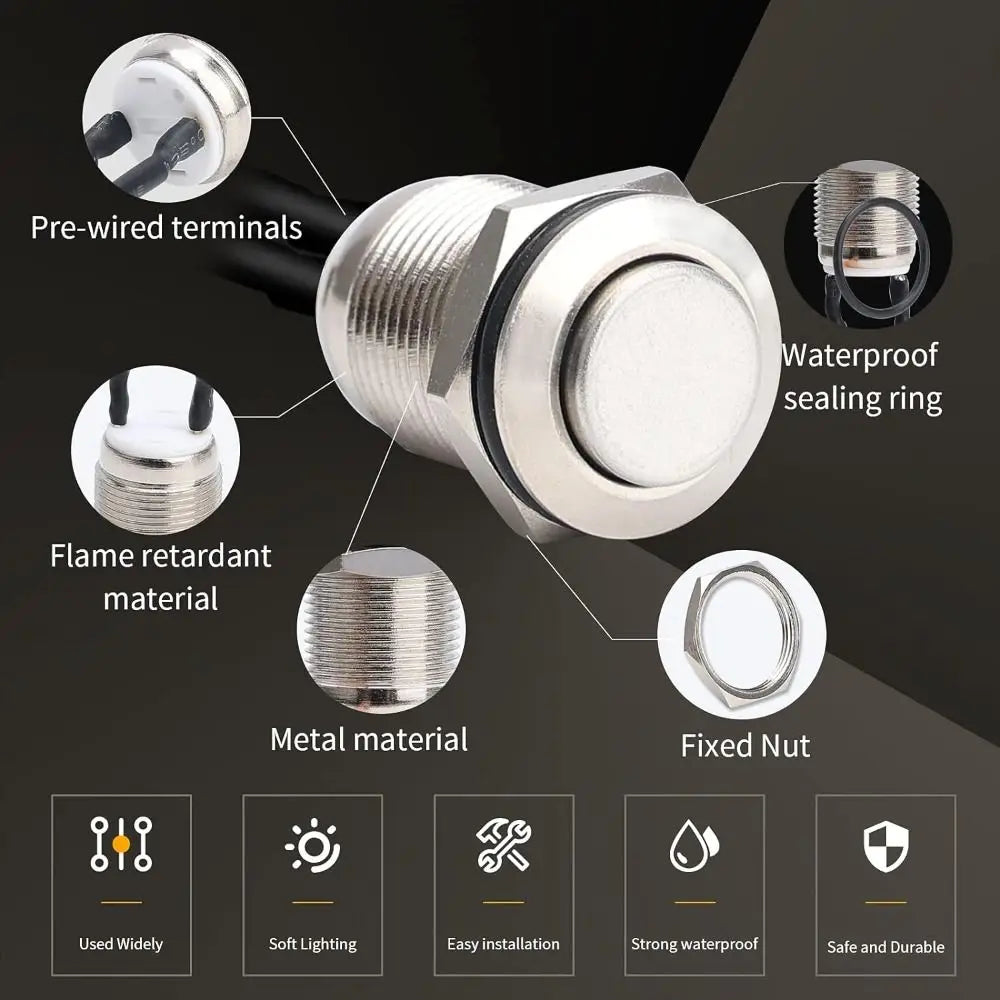 5pcs 12mm Momentary Push Button Switch Silver Shell with pre-Wiring, IP65 Waterproof Push Button Switch,Stainless Steel Normally