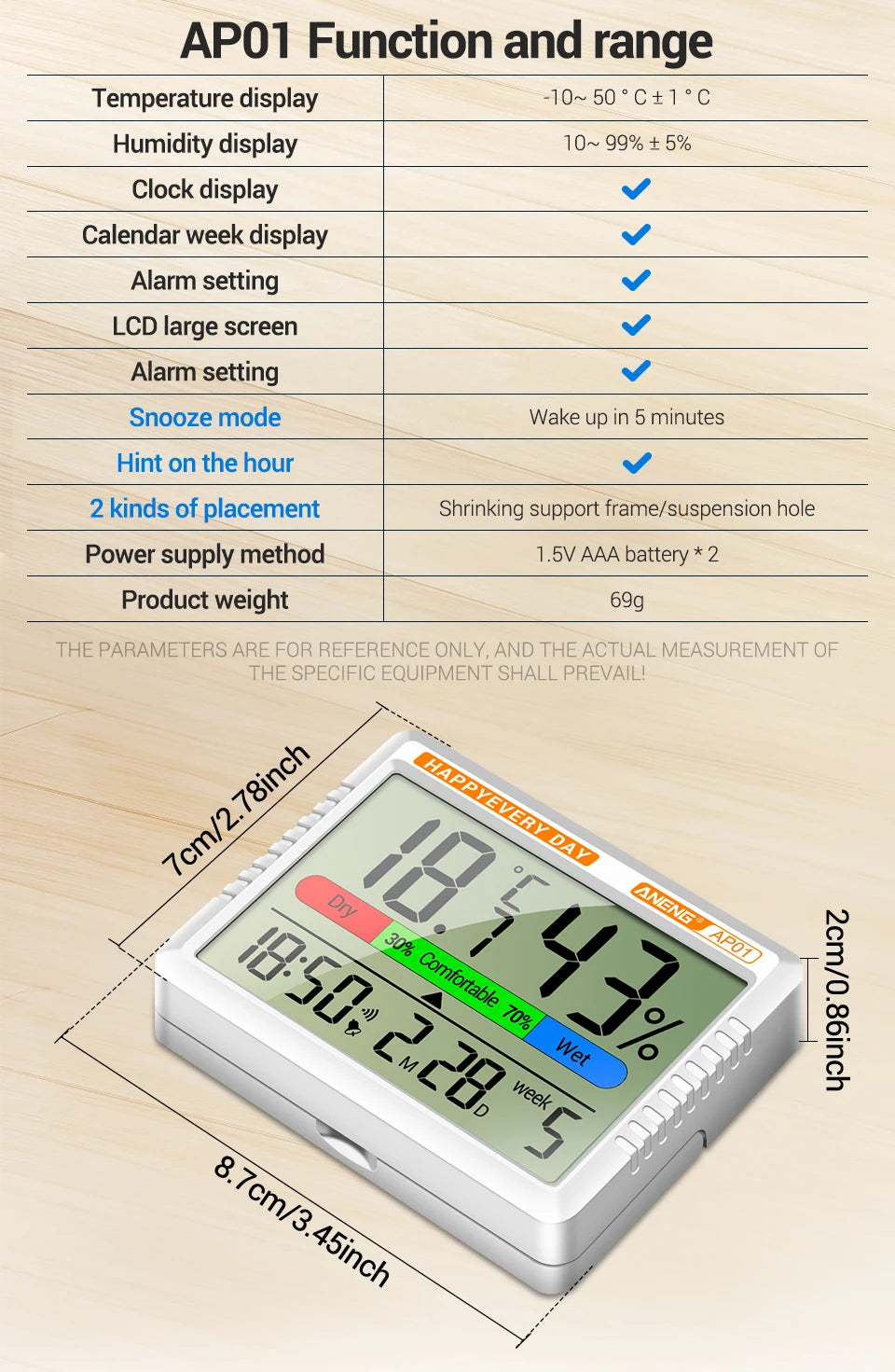 Digital Thermohygrometer Clock ANENG AP01 Snooze Alarm Mode Air Thermometer Humidity Multi-scenario High Precision Tester Tools