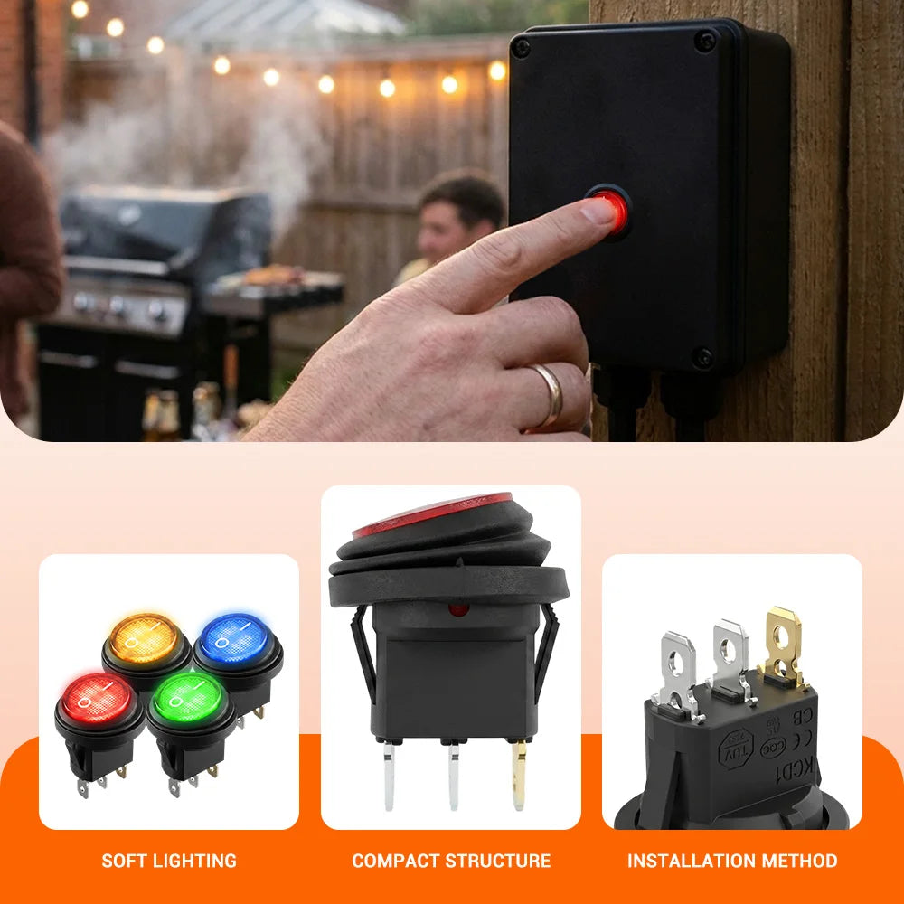 FILN 8PCS 12V 24V 110V 220V Waterproof Rocker Switch 3 Pin LED Lighted ON-OFF Round SPST Toggle Switch for Car Boat Marine PA66